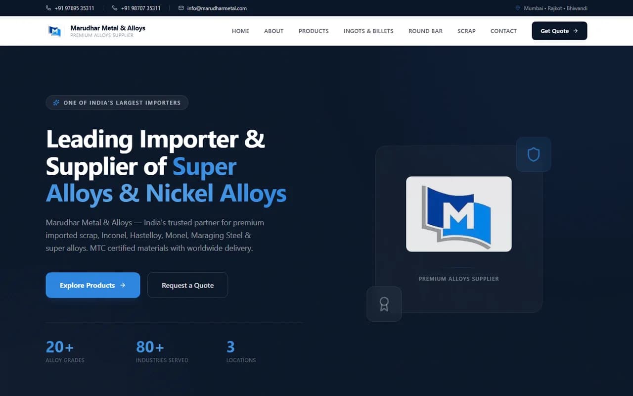 Marudhar Metals live website homepage